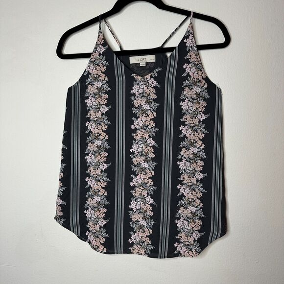Loft Gray Pink Floral & White Stripe Print VNeck Halter Sleeveless Blouse XSP - Picture 1 of 10